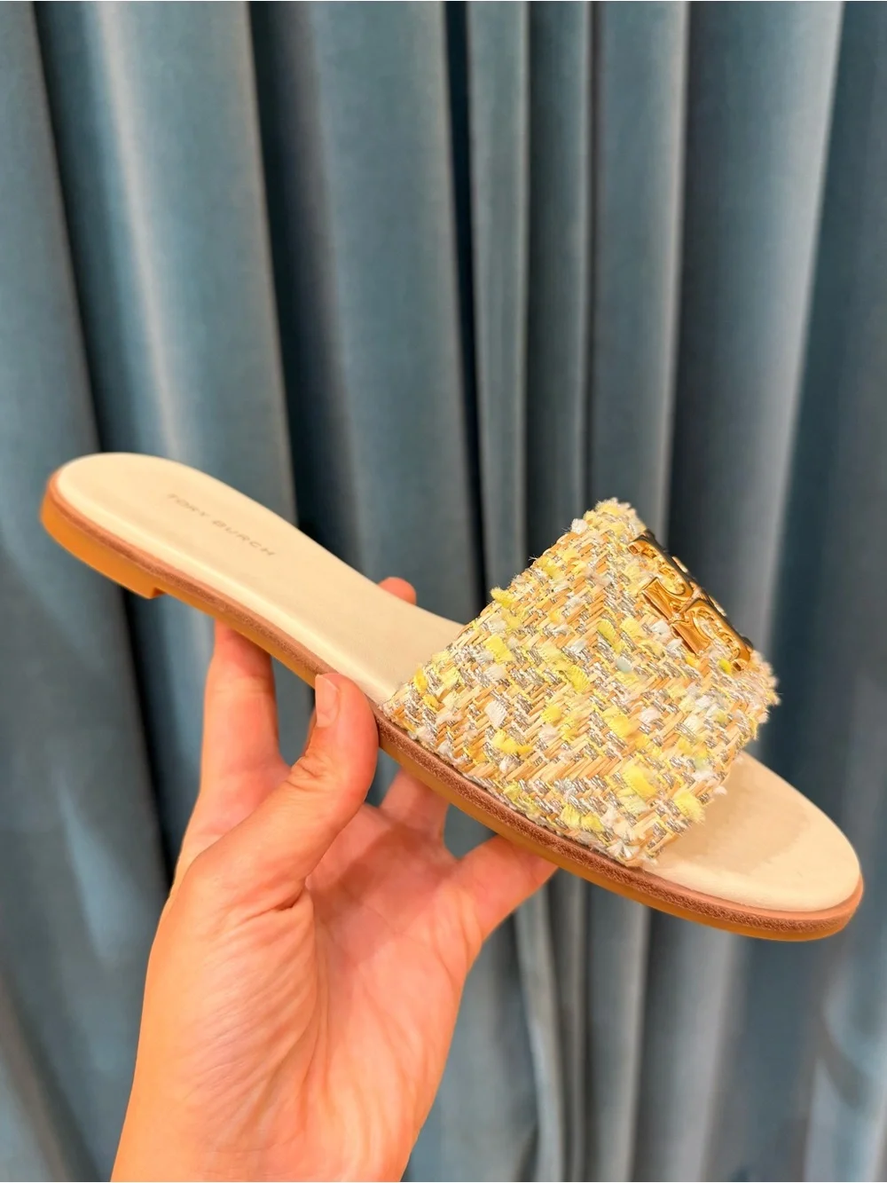 Tory Burch Everly Tweed Flat Slide Sandals Gold Logo Multicolor